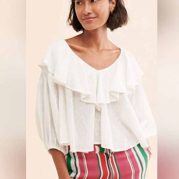 Free people Off-White Ruffle Cotton Top(Size Small) - Picture 1 of 9